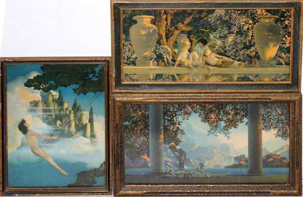AFTER MAXFIELD PARRISH, PRINTS, THREE, 9" X: AFTER MAXFIELD PARRISH, PRINTS, THREE, 9" X 18" - 15" X 11":Each is under glass and framed.