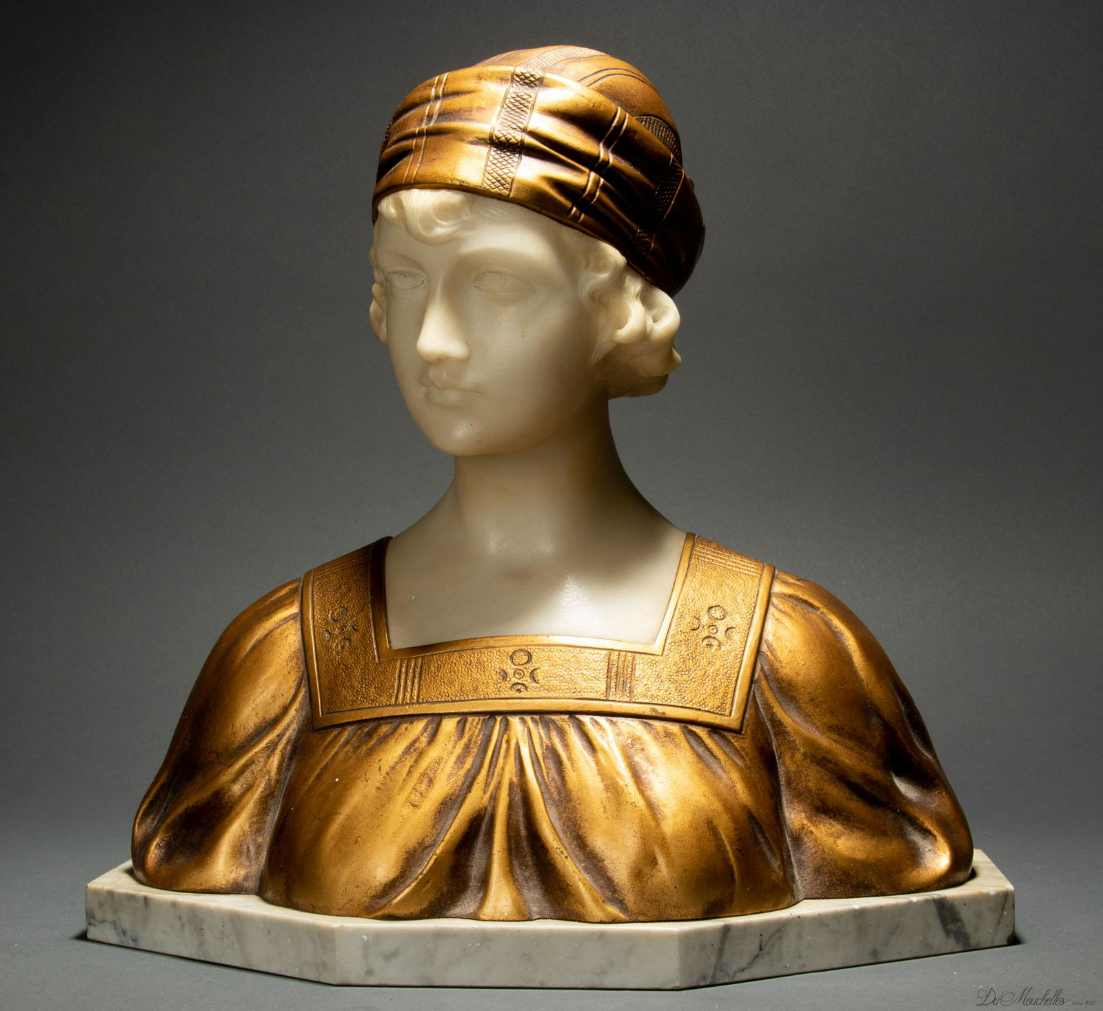 PIERRE BALESTRA,(XIX - XX) BRONZE AND MARBLE SCULPTURE H 13" L 14" ART NOUVEAU BUST OF A YOUNG WOMAN (1 of 6)