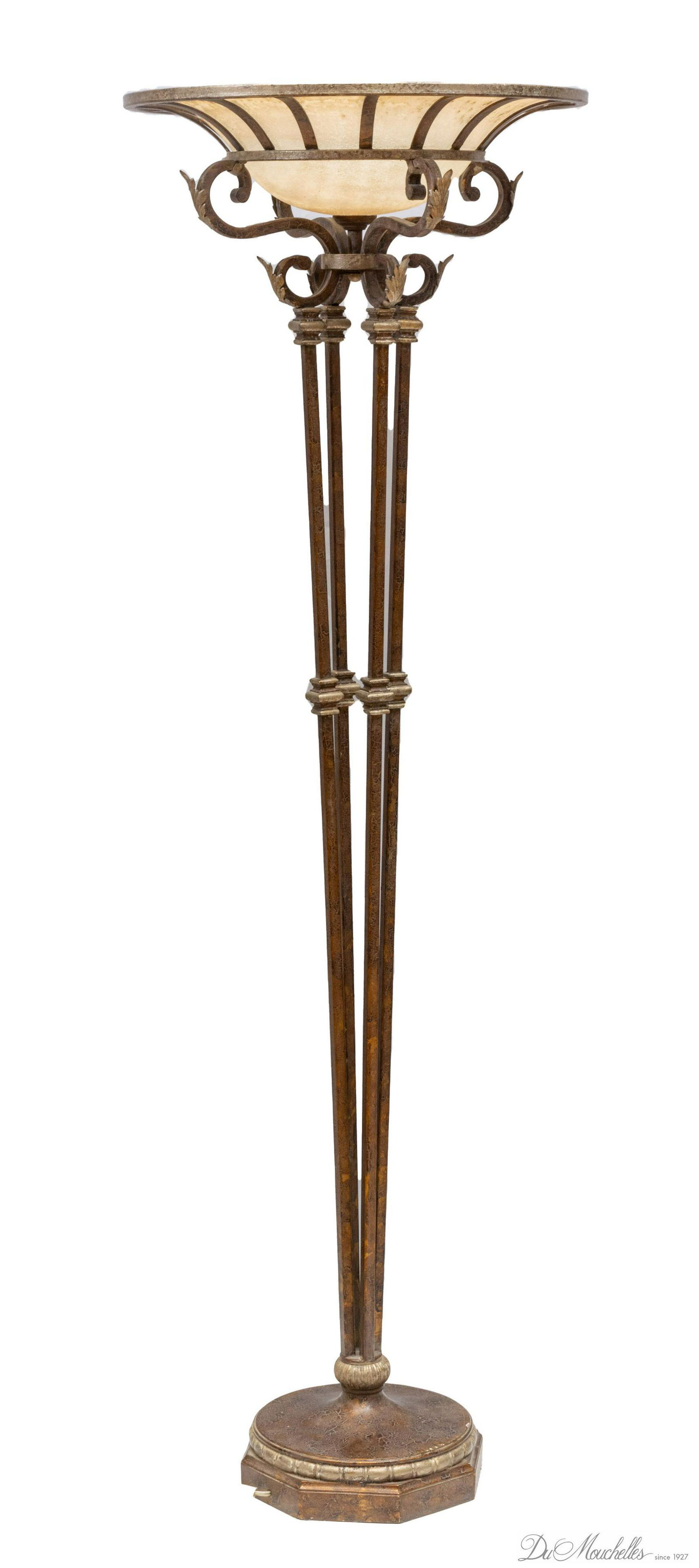 IRON TORCHIERE FLOOR LAMP, GLASS GLOBE H 6' DIA 23" (1 of 2)