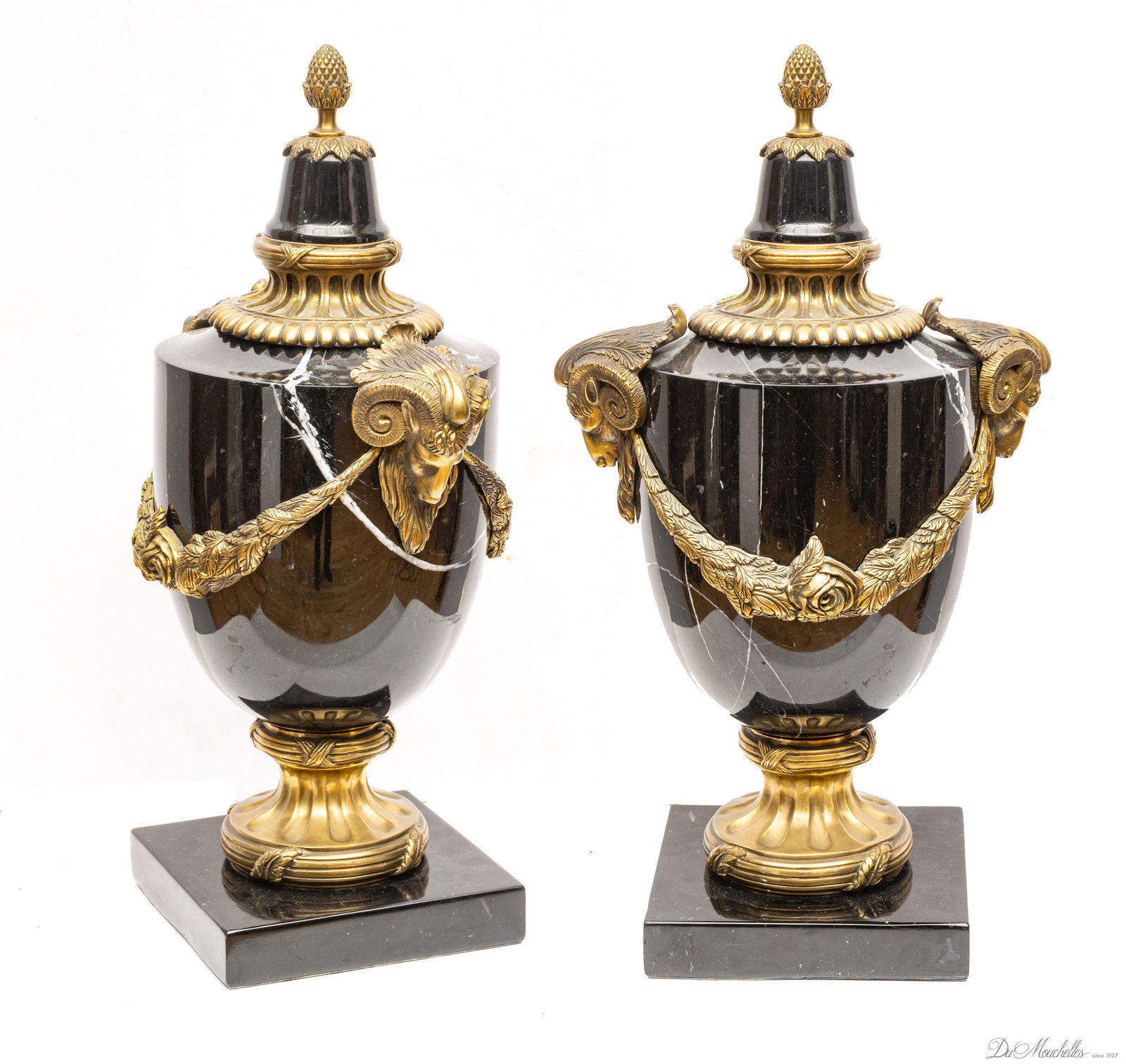 MARBLE MANTLE URNS WITH COVERS, BRONZE MOUNTS, PAIR H 20" W 12" (1 of 5)
