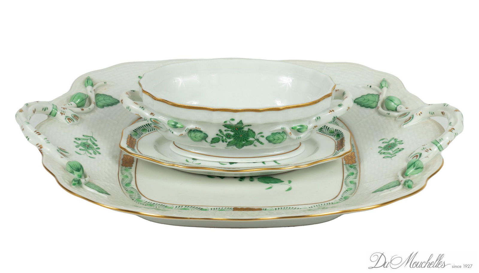 HEREND CHINESE BOUQUET , GREEN, PORCELAIN CAKE PLATE, SMALL TUREEN AND TRAY 3 PCS W 10", 5" (1 of 7)