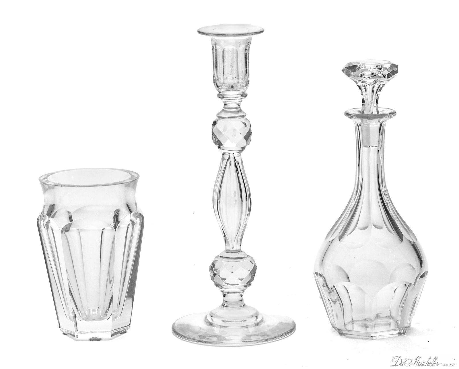 BACCARAT CRYSTAL DECANTER, VASE AND CANDLESTICK, 3 PCS. H 9", 10", 5" (1 of 4)