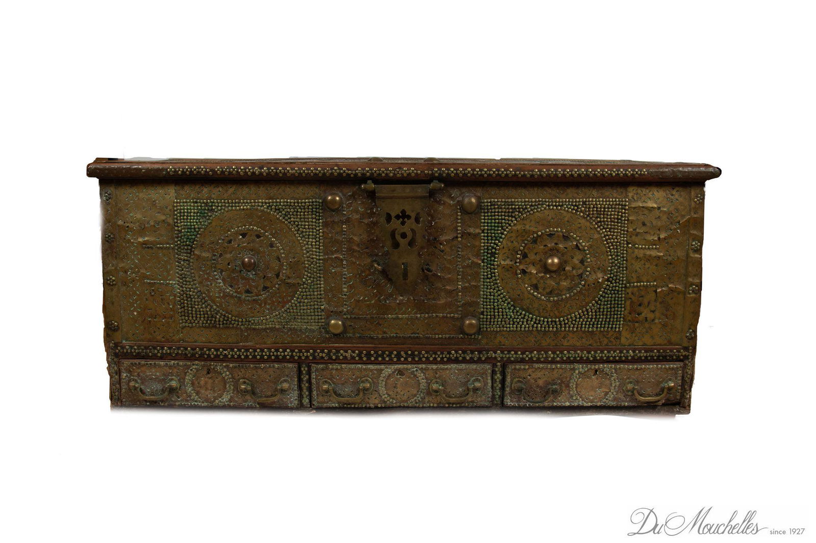 TEAKWOOD AND BRASS ZANZIBAR DOWRY CHEST, 19TH C., H 23.75", W 54", D 21" (1 of 8)