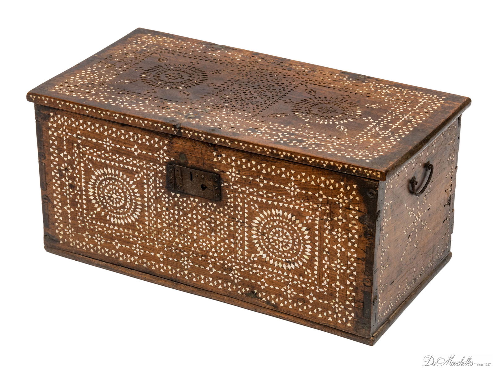 PHILIPPINE CARVED WOOD WITH MOTHER OF PEARL INLAY CHEST, H 14", W 30", D 13.75" (1 of 4)