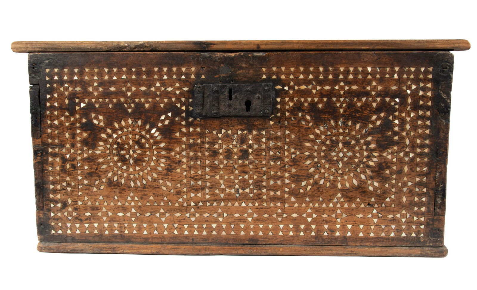 PHILIPPINE CARVED WOOD WITH MOTHER OF PEARL INLAY CHEST, H 11", W 23", D 11.5" (1 of 3)