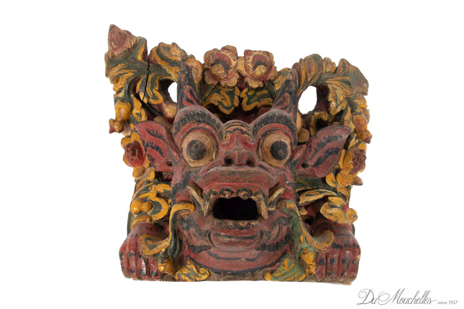 BALINESE POLYCHROME CARVED WOOD TEMPLE MASK, H 11.5", W 12.5", D 6.5": BALINESE POLYCHROME CARVED WOOD TEMPLE MASK, H 11.5", W 12.5", D 6.5" Polychrome carved wood mask, used to keep the devil away.