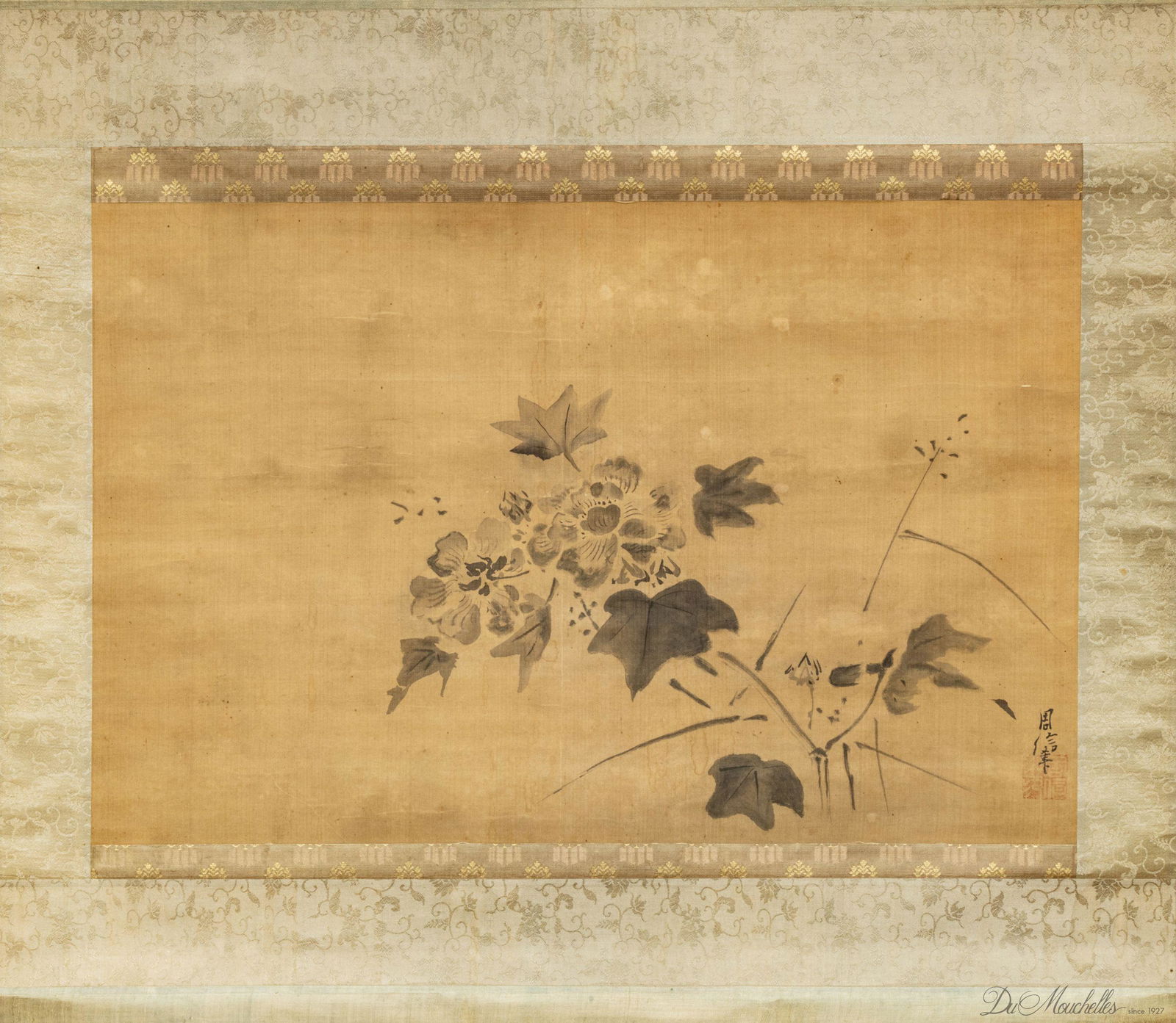 CHINESE INK ON SILK SCROLL, 20TH C., H 14", W 21" (1 of 3)