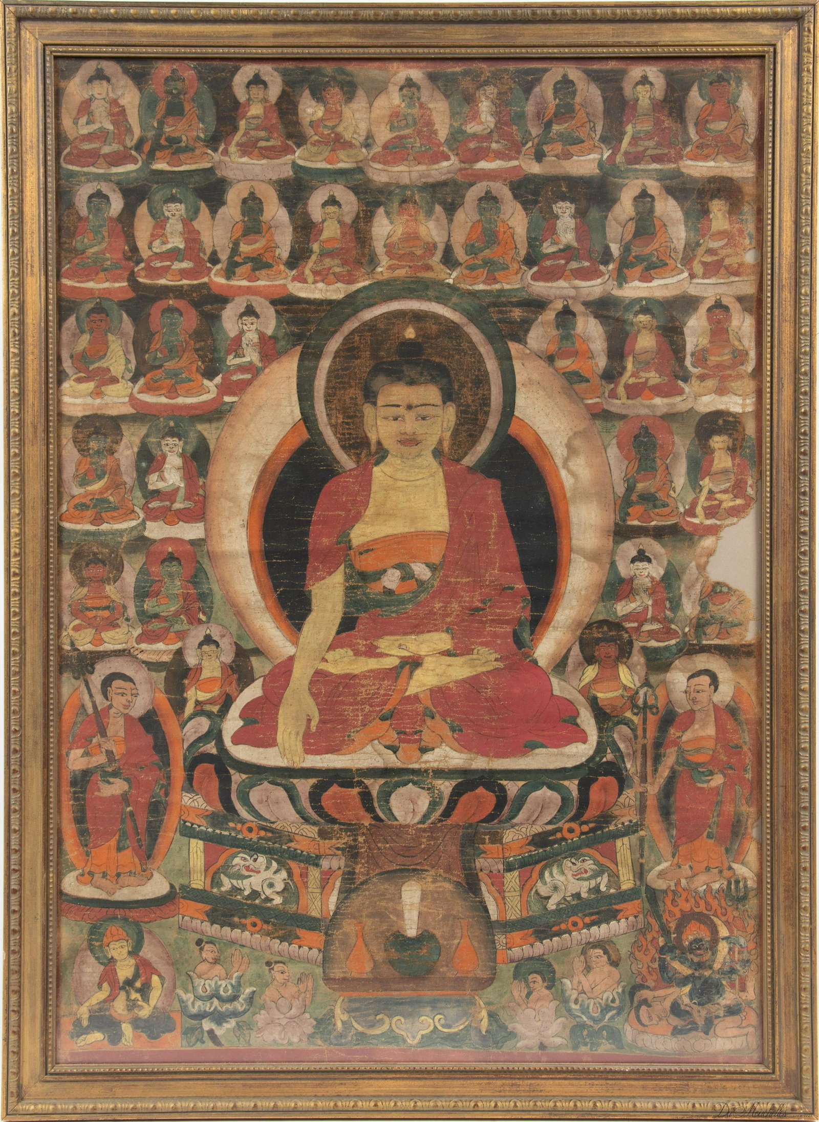 NEPALESE THANGKA, GOUACHE ON CANVAS, 20TH C., H 28.5", W 20": NEPALESE THANGKA, GOUACHE ON CANVAS, 20TH C., H 28.5", W 20" Framed dimensions, H 31.5", W 23".