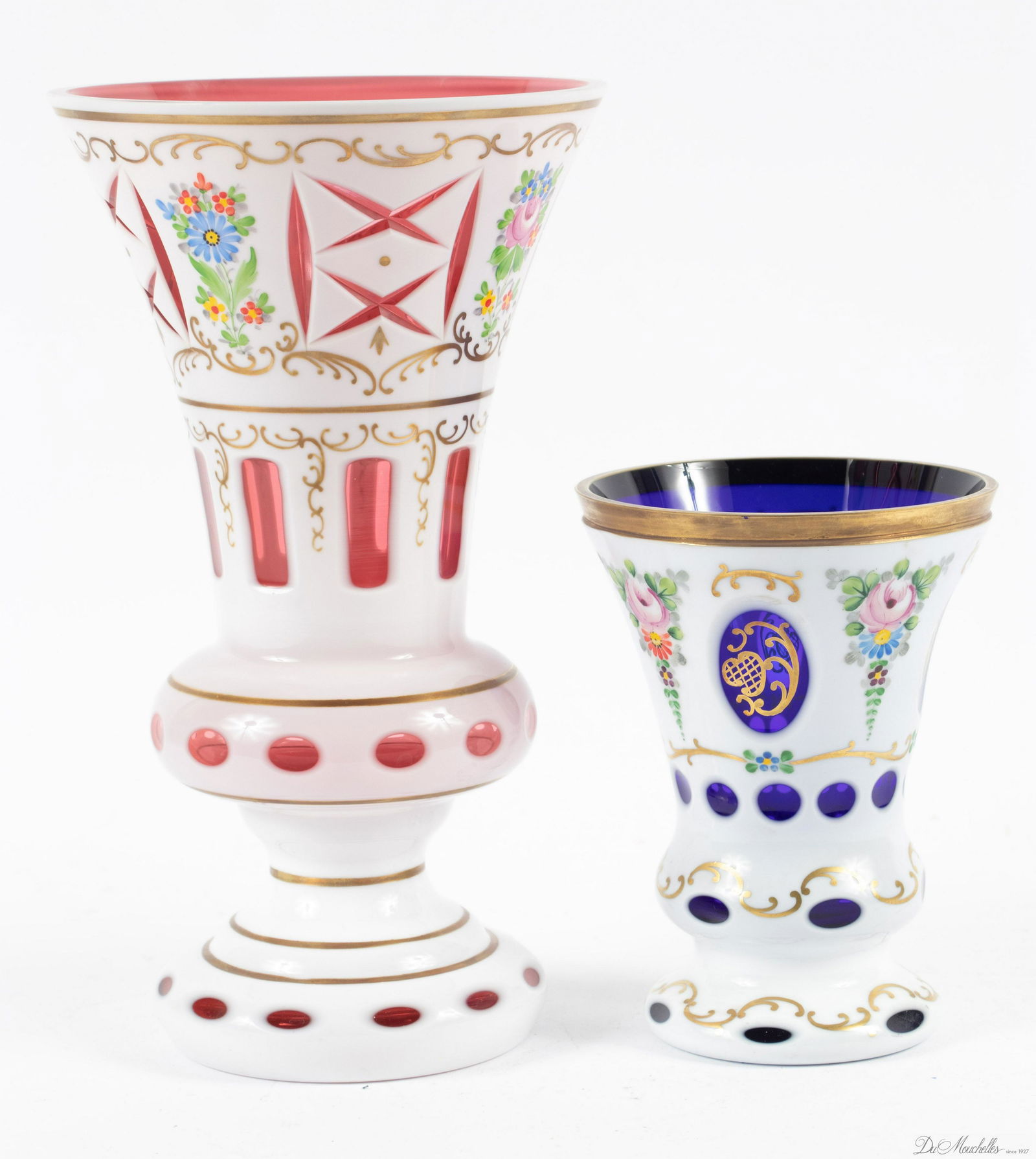 HAND CUT CRYSTAL OVERLAY  VASES, C 1960, TWO,  H 10", 6" (1 of 3)