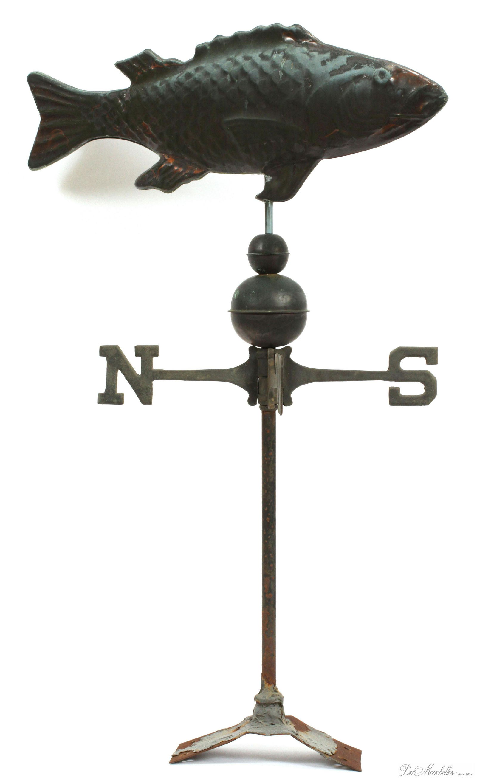FISH FORM CAST IRON AND TIN WEATHER VANE, W./ ROOF SUPPORT BASE (SEE COLOR PHOTO) H 35.75" (1 of 4)