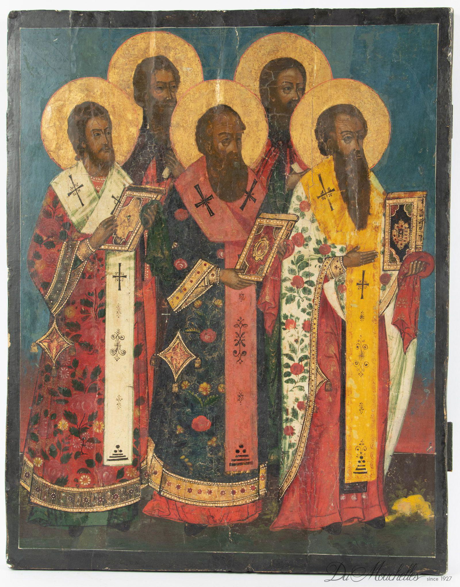 RUSSIAN POLYCHROME ON WOOD PANEL ICON, H 22", W 17.25" (1 of 2)