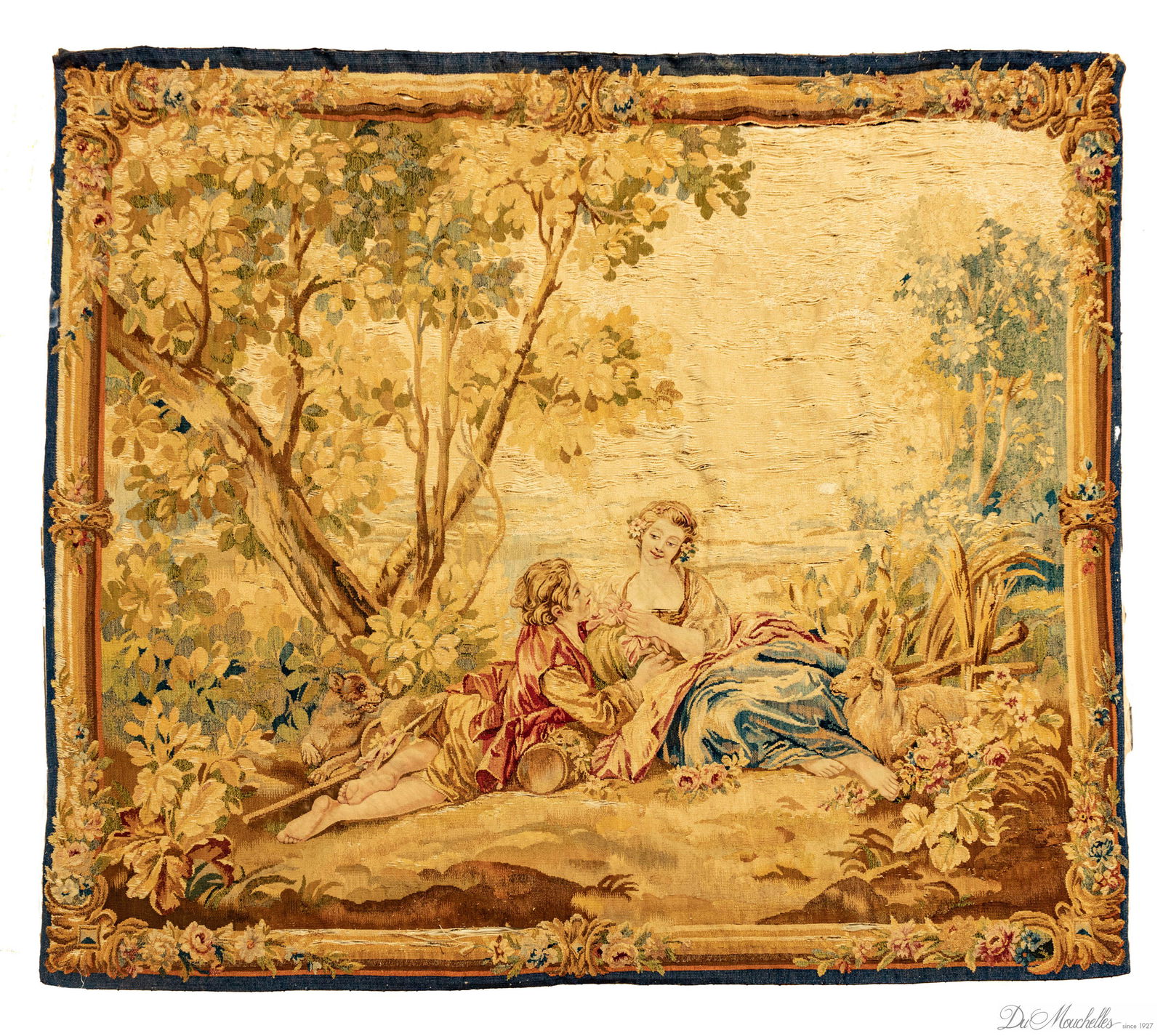 FRENCH AUBUSSON TAPESTRY, 19TH C., H 5' 7", W 6' 2", PASTORAL SCENE OF YOUNG COUPLE (1 of 2)