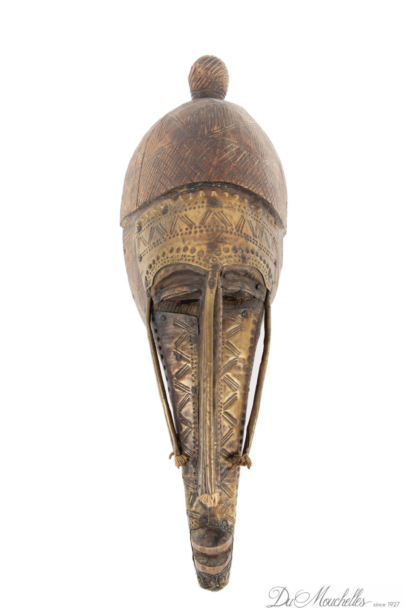 WEST AFRICAN CARVED WOOD WITH BRASS ELEMENTS MASK, H 18", W 6", D 4.5" (1 of 2)