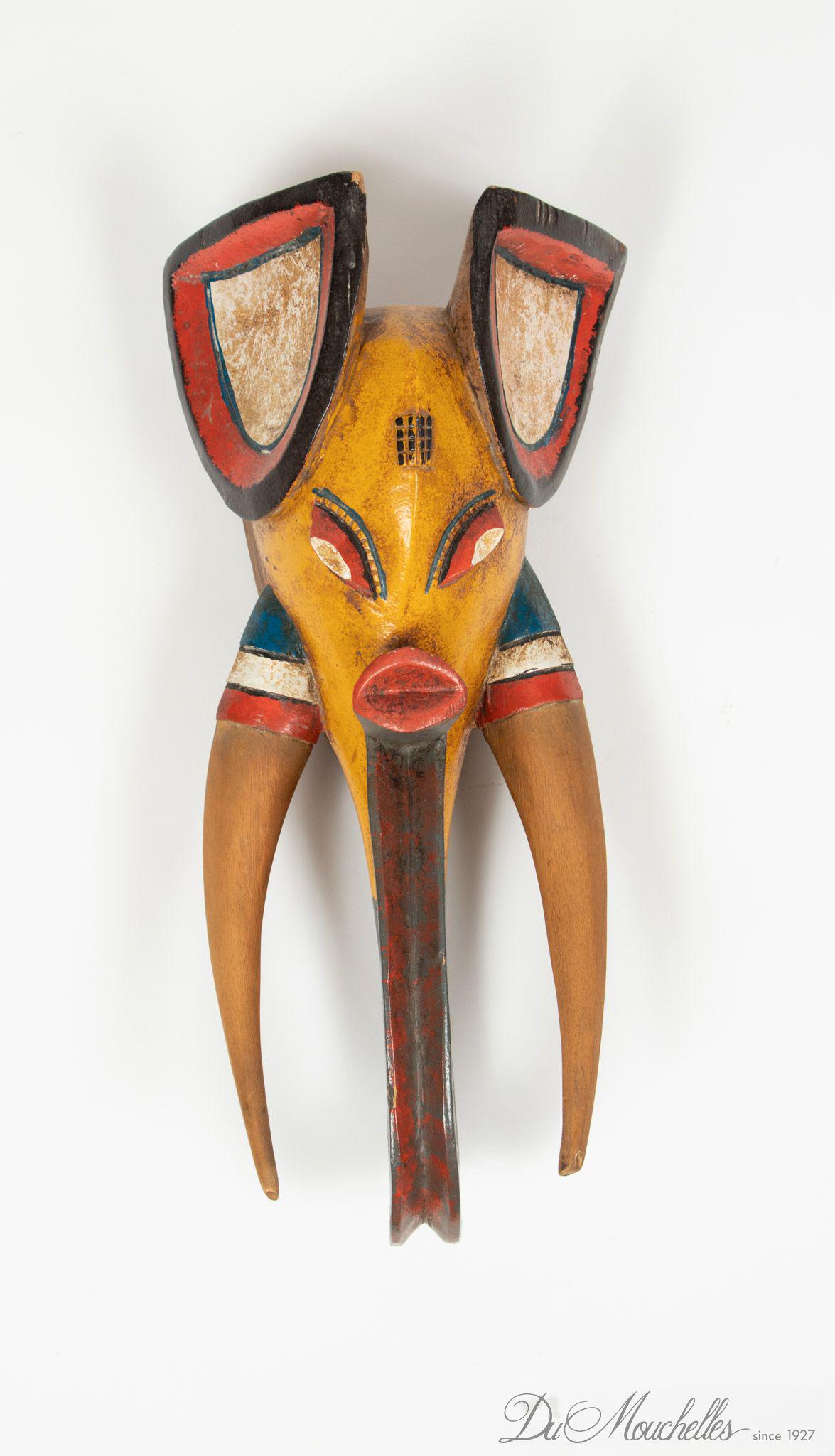 WEST AFRICAN POLYCHROME CARVED WOOD ELEPHANT MASK, 20TH C., H 20", W 9", D 7" (1 of 2)