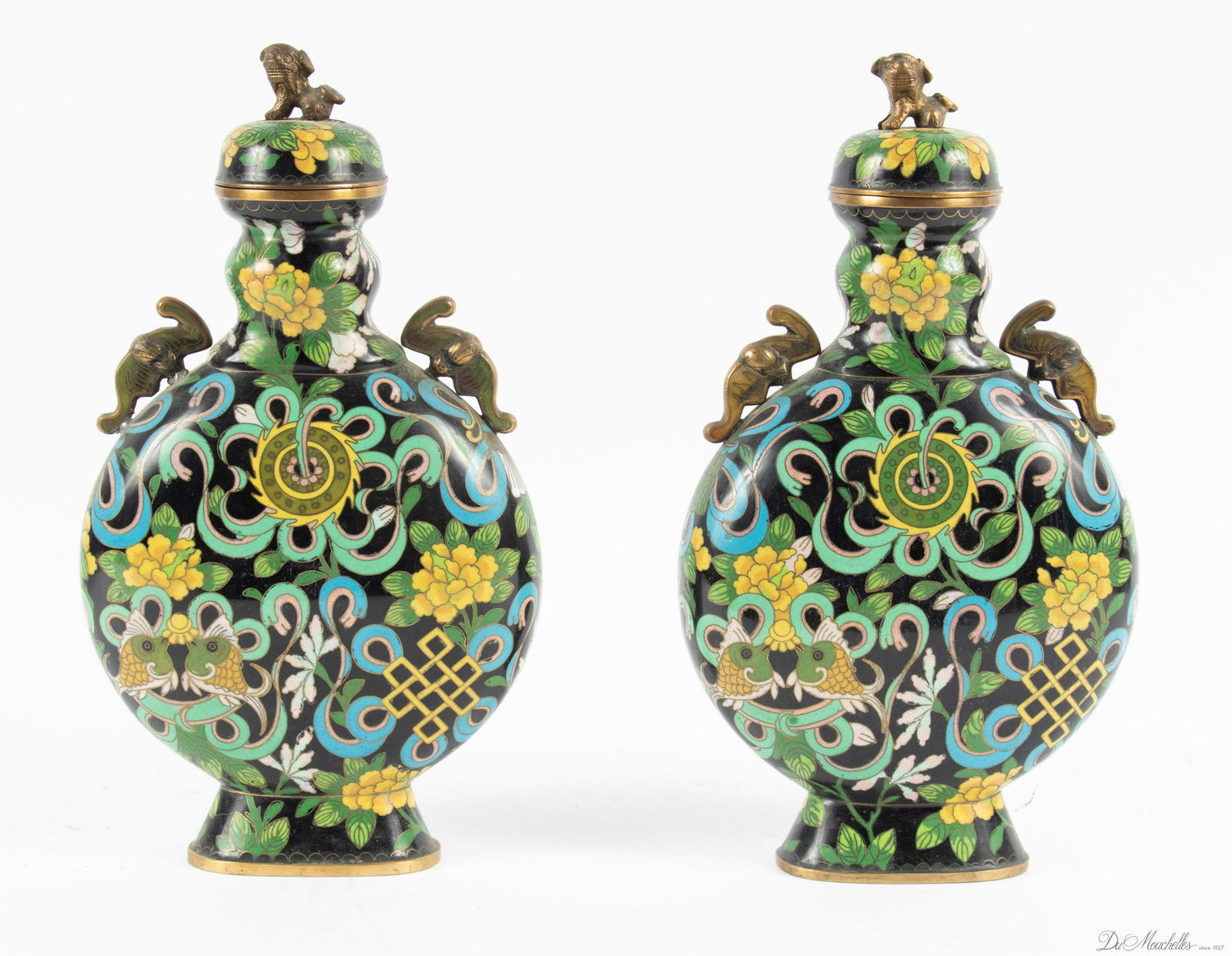 CHINESE CLOISONEE ENAMEL ON BRASS COVERED URNS 19TH.C PAIR H 12" W 6.5" (1 of 3)