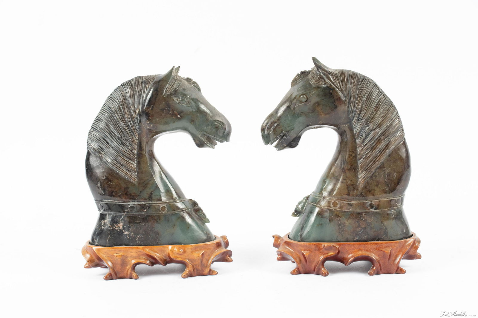 CHINESE CARVED STONE HORSEHEAD BOOKENDS H 7 1/4" W 5" (1 of 5)