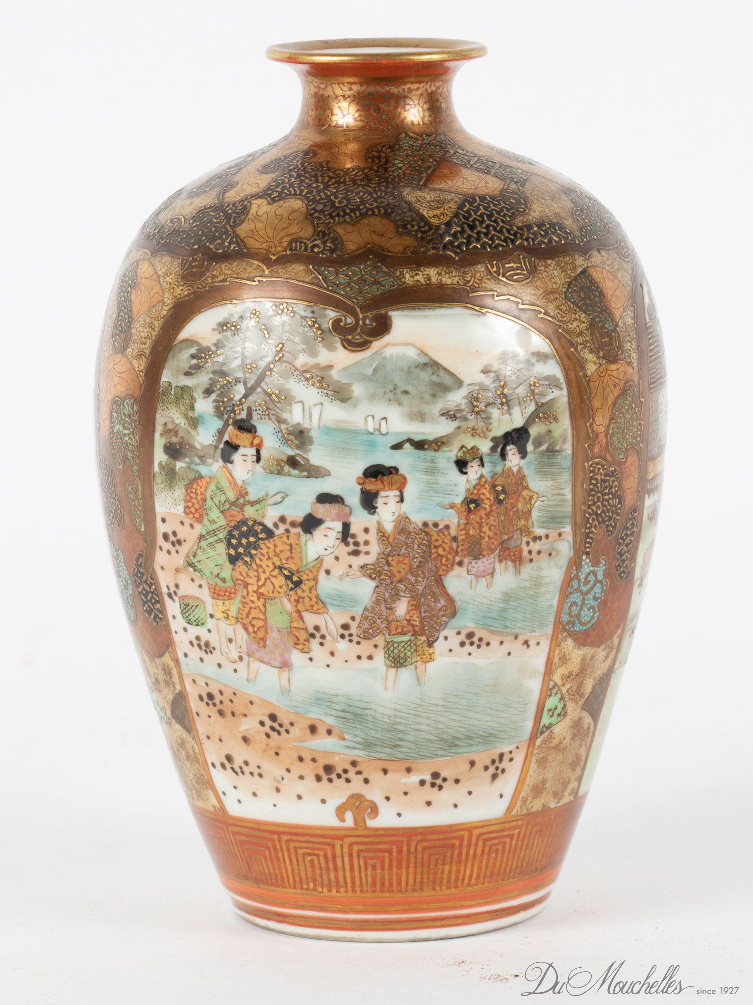 JAPANESE PORCELAIN VASE, C 1900 H 8" LADIES WADING IN LAKE, SIGNED: JAPANESE PORCELAIN VASE, C 1900 H 8" LADIES WADING IN LAKE, SIGNED Three hand painted vignettes of ladies wading and bathing in lake. Fired gold ground. Signed.