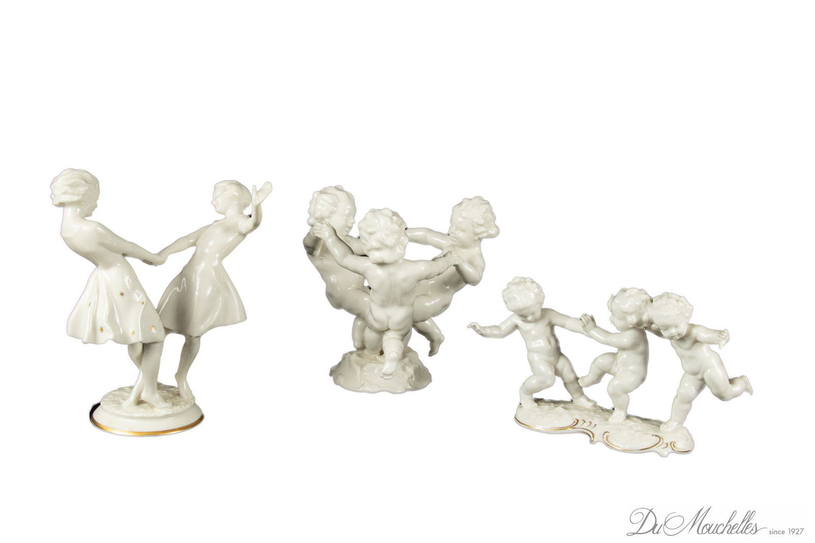 HUTSCHENREUTHER SELB PORCELAIN CHERUBS, THREE GROUPS H 6", 8": HUTSCHENREUTHER SELB PORCELAIN CHERUBS, THREE GROUPS H 6", 8" Three dancing cherubs holding hands Dia 6" white glaze H 6". Three dancing cherubs W 8" H 5". Also two dancing girls 8 1/2" x 7".