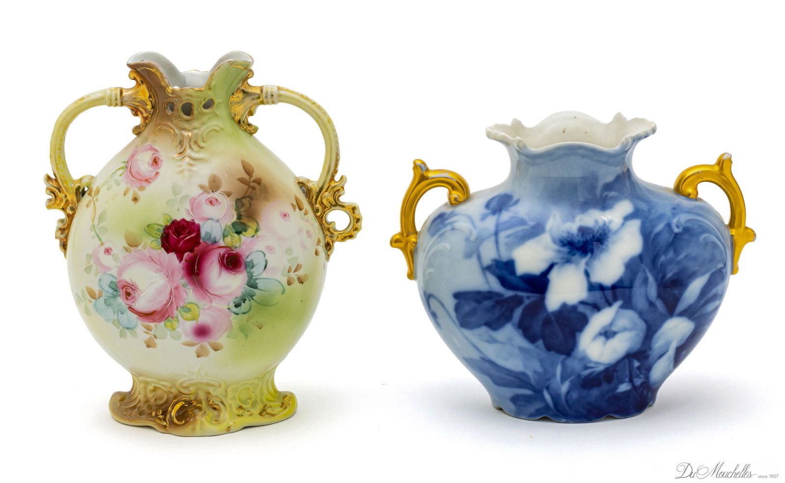 J P LIMOGES, FRANCE FLO BLUE URN, + HAND PAINTED VASE, C 1900, 2 PCS. H 7", 10" (1 of 5)