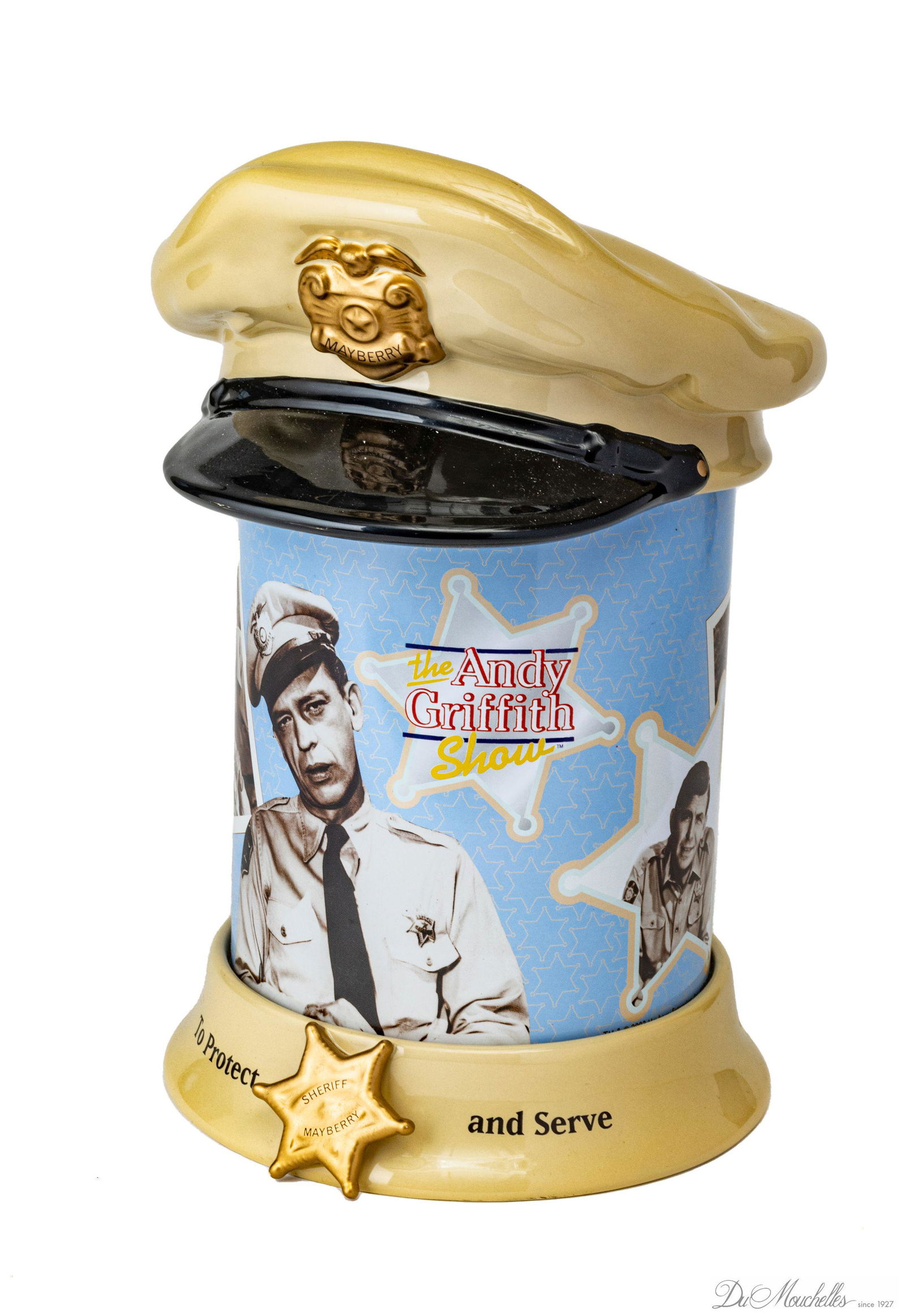 ANDY GRIFFITH CERAMIC AND TIN COOKIE JAR, H 13", DIA 8" (1 of 5)