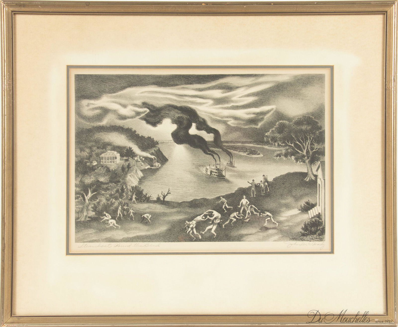 JOHN MCGRADY (AMERICAN, 1911-1968) LITHOGRAPH ON WOVE PAPER, 1944 H 9.75" W 14.75" STEAMBOAT ROUND (1 of 5)