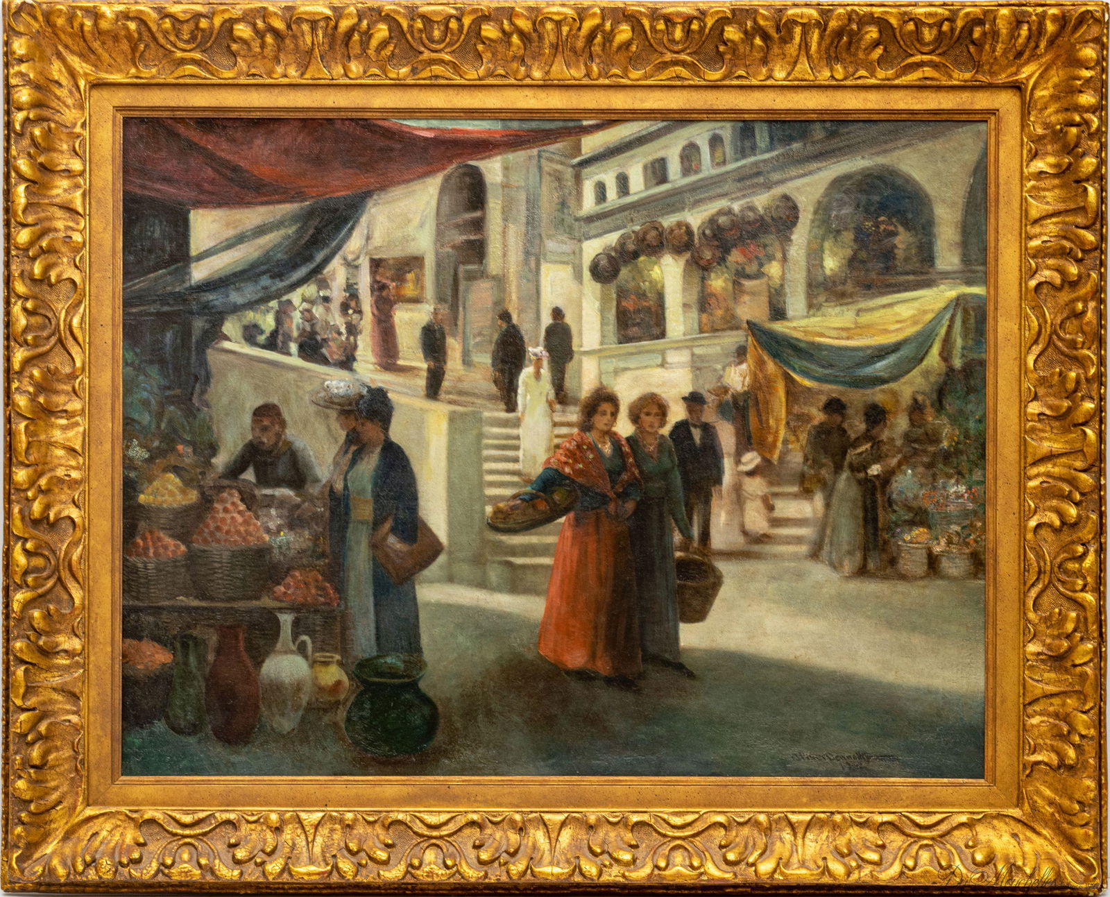 OLIVER DENNETT GROVER (AMERICAN, 1861-1927), OIL ON CANVAS, 1902, H 43.5", W 33.5", MARKET SCENE IN (1 of 4)