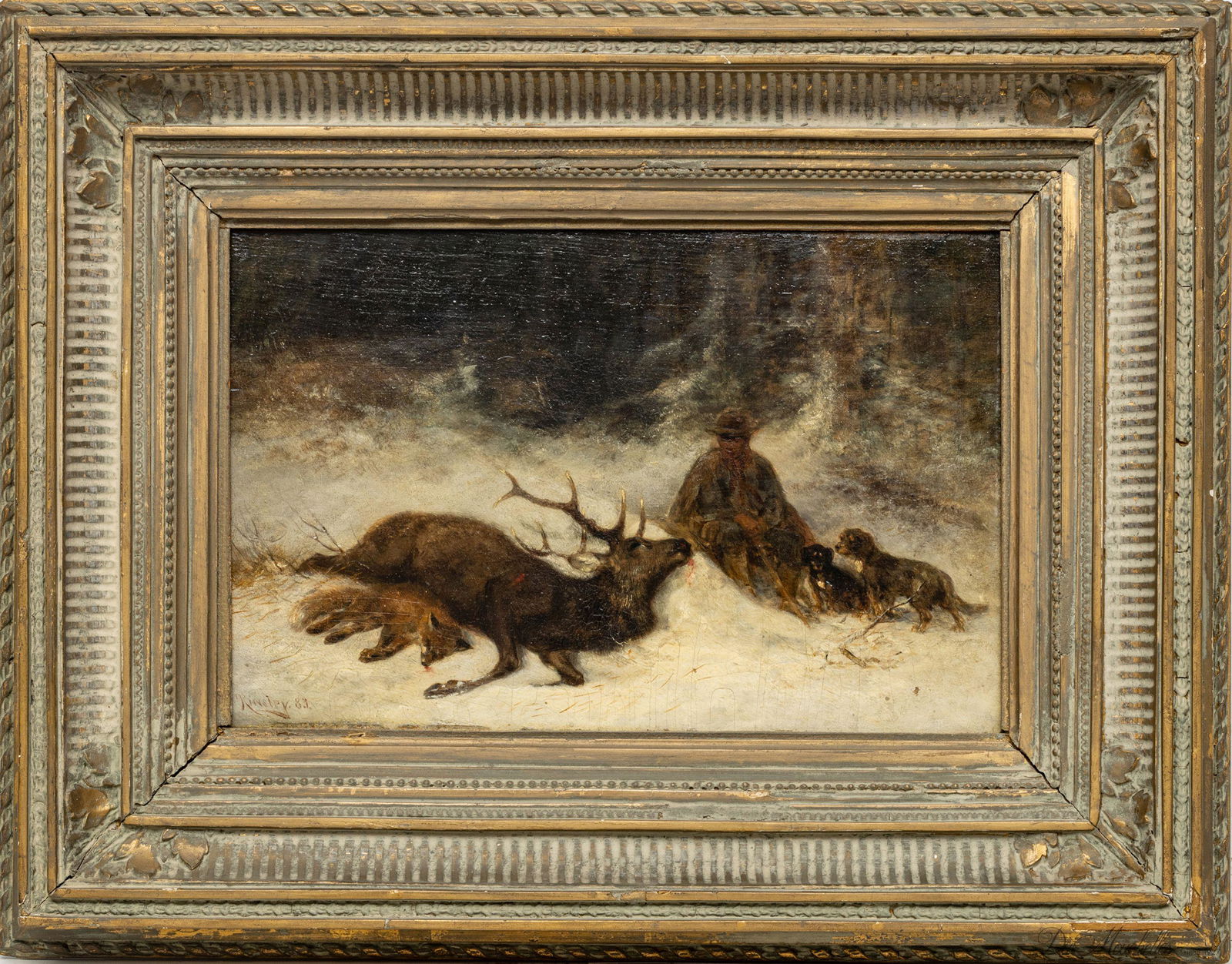 NELSON KINSLEY (AMERICAN, 1863-1945) OIL ON BEVELED MAHOGANY, 1883, H 8", W 12", HUNTING SCENE (1 of 3)