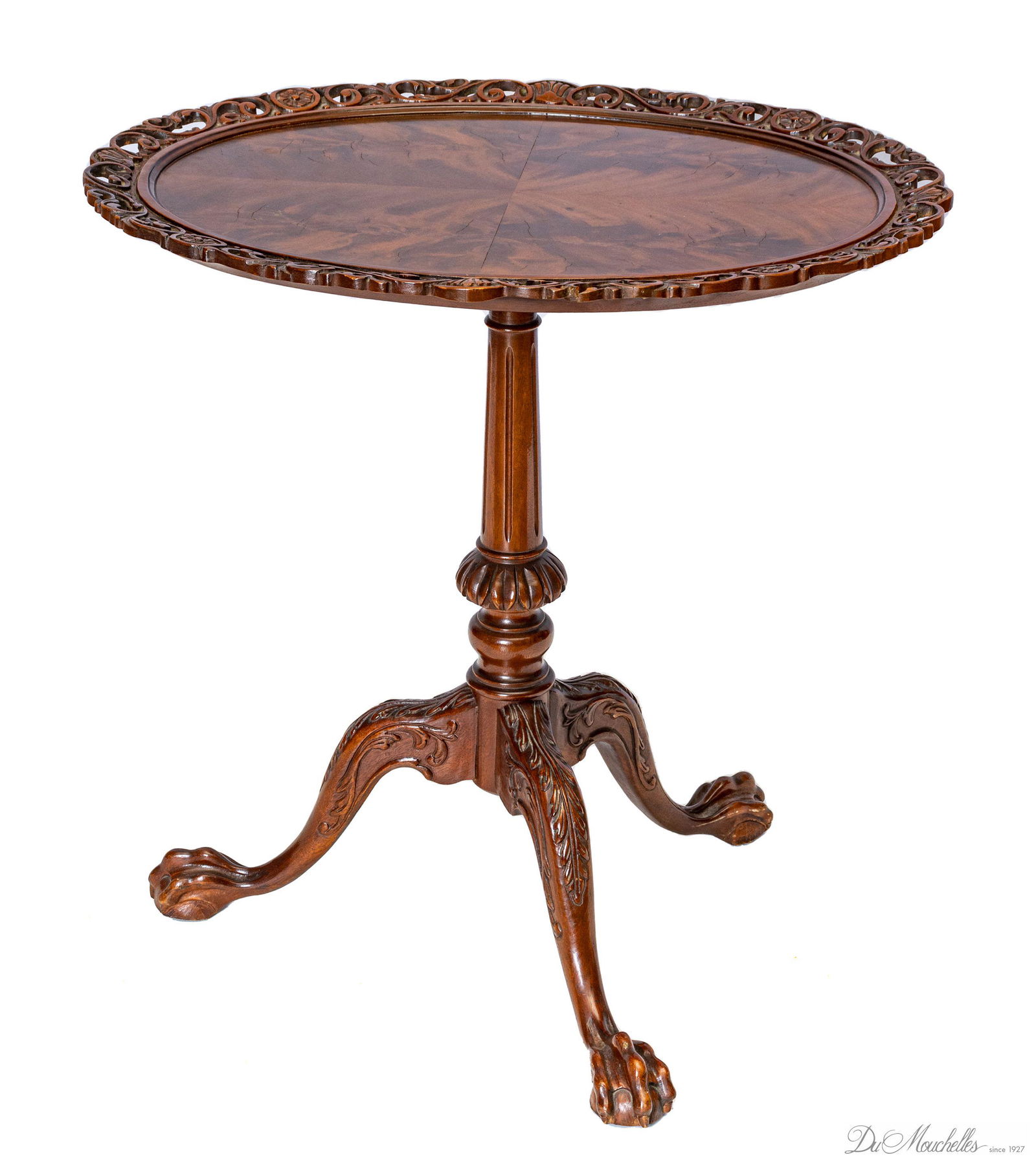 CHIPPENDALE STYLE FLAME GRAIN MAHOGANY FLIP TOP TABLE, H 40", W 20" (1 of 3)