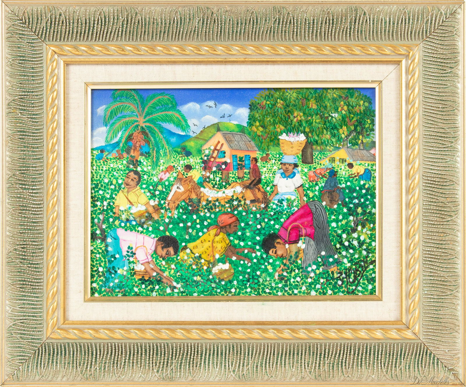 JEAN - MARIE OBIN, HAITI, OIL ON CANVAS 1953, H 9" W 12": JEAN - MARIE OBIN, HAITI, OIL ON CANVAS 1953, H 9" W 12" Signed. Frame 16" x 18". Multiple figures in a cotton field.
