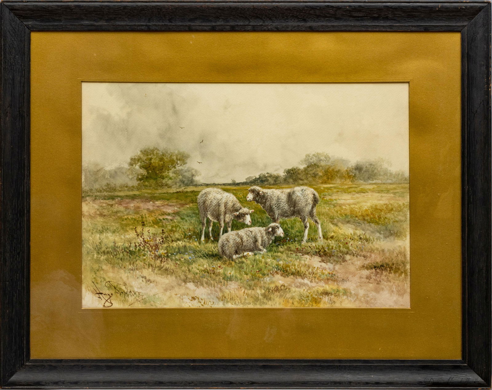 HUGO ANTON FISHER (1854-1916) WATERCOLOR ON PAPER, 19TH C., H 15", W 21.75", THREE SHEEP IN A (1 of 3)