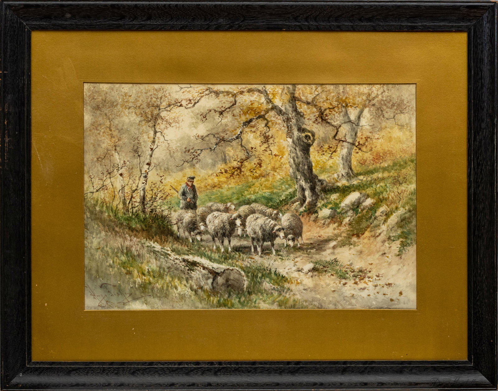 HUGO ANTON FISHER (AMERICAN 1854-1916) WATERCOLOR ON PAPER, 19TH C., H 15", W 21.5", SHEPHERD WITH (1 of 3)