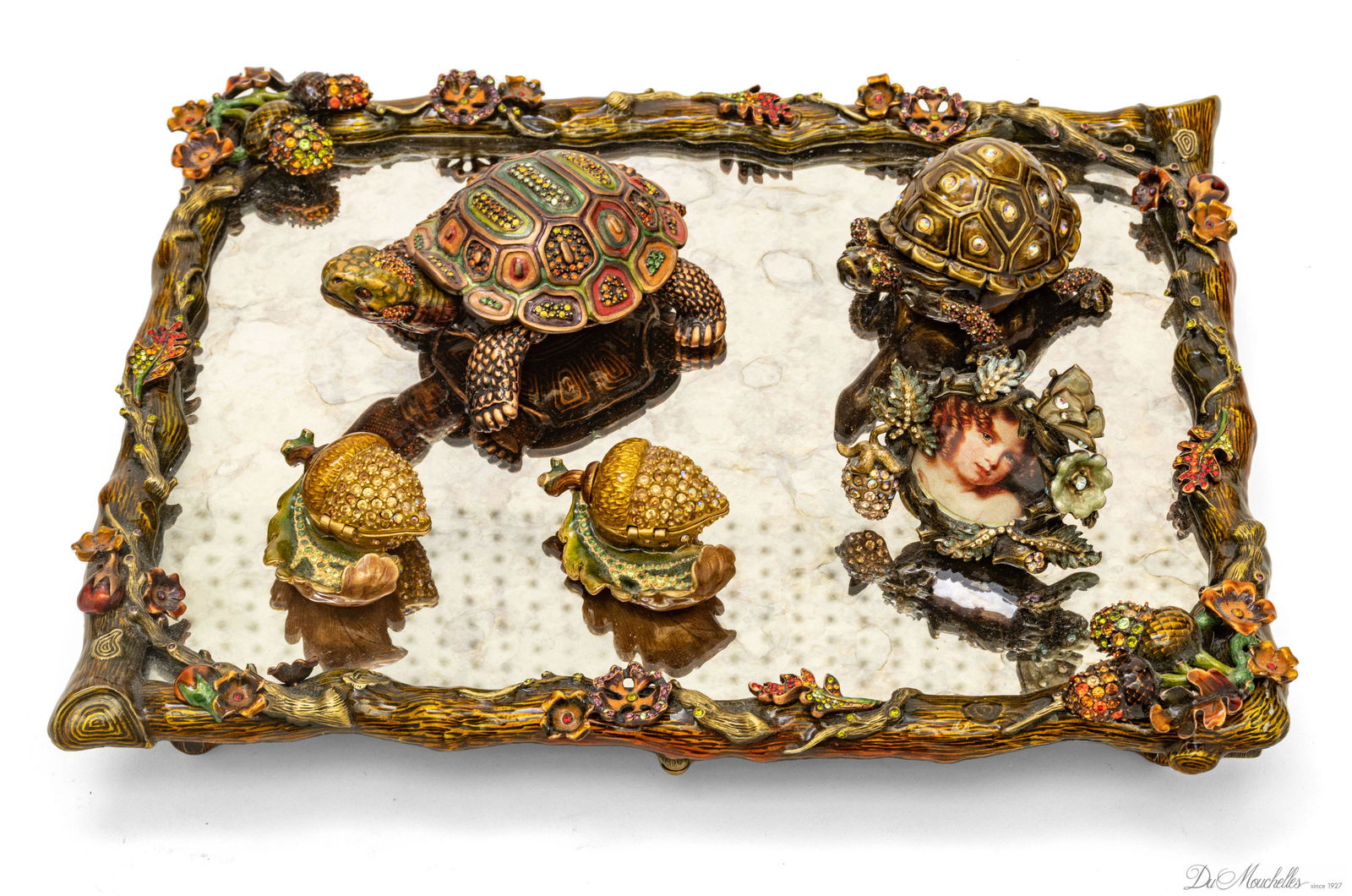 JAY STRONGWATER ENAMELED METAL FIGURINES & TRAY, 6 PCS, W 9" L 10