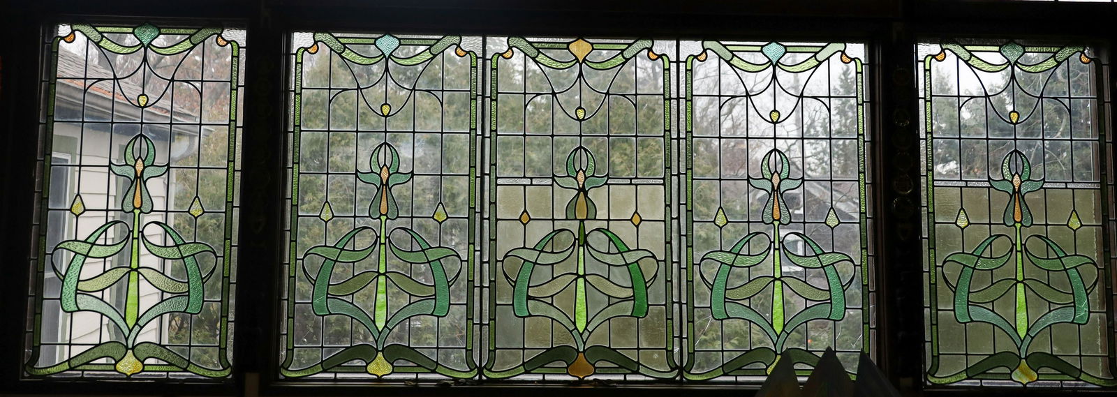 ART NOUVEAU LEADED STAINED GLASS WINDOW PANES, 20TH CENTURY, FIVE H 53" W 30" (1 of 14)