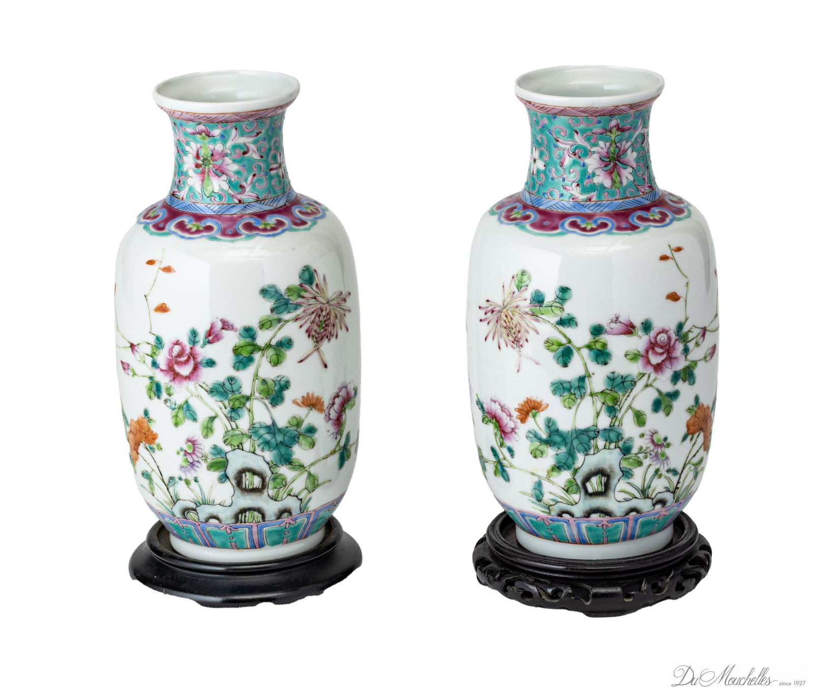 CHINESE PORCELAIN VASES, C 1920 PAIR H 10" PINK FLOWERS (1 of 4)