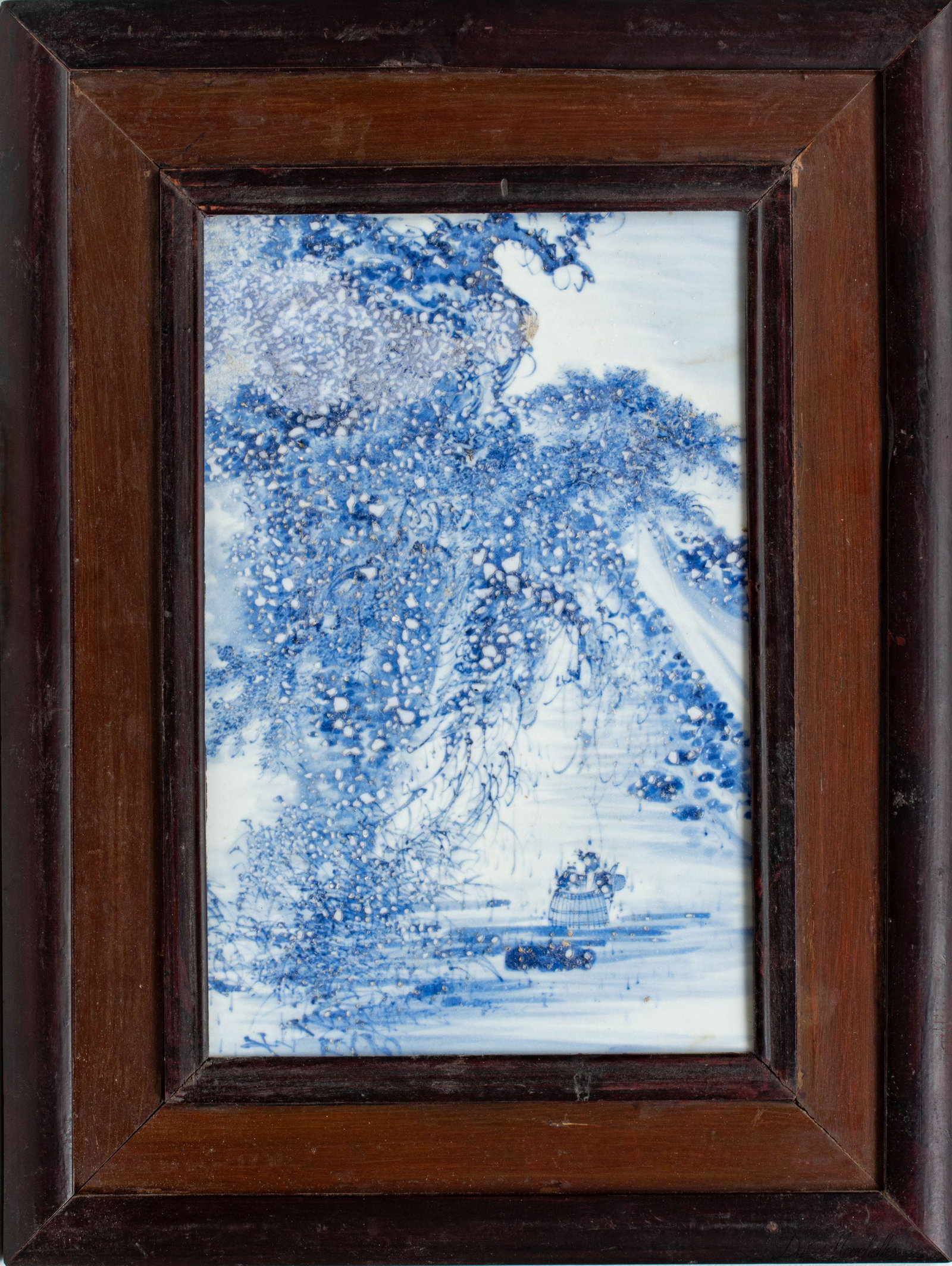 CHINESE BLUE AND WHITE PAINTING ON PORCELAIN H 21.5", W 16.5": CHINESE BLUE AND WHITE PAINTING ON PORCELAIN H 21.5", W 16.5" A wind storm and figure in barrel. Teakwood frame.