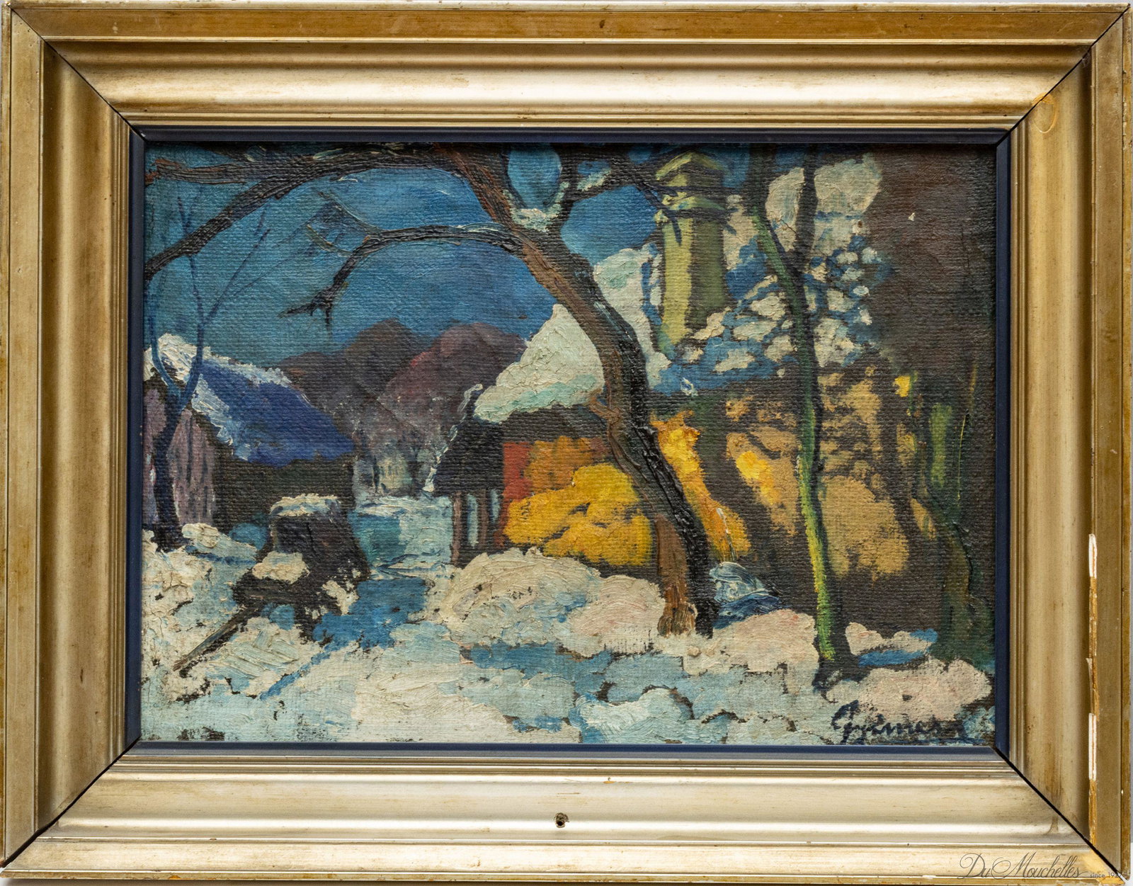 JENIERA (HUNGARIAN) OIL ON CANVAS, H 13", W 18", WINTER VILLAGE SCENE: JENIERA (HUNGARIAN) OIL ON CANVAS, H 13", W 18", WINTER VILLAGE SCENE An oil on canvas by Janiera. Depicting a village scene under a blanket of snow. Artist's signature to the lower right. Frame measu