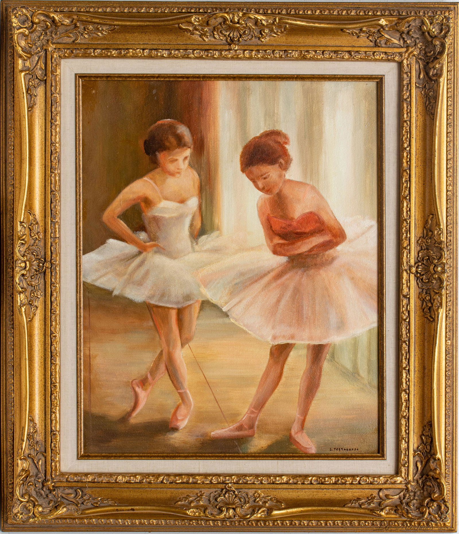 GINO TESTAGUZZA (ITALY, 20TH C) OIL ON MASONITE, H 20", W 16", TWO BALLERINAS: GINO TESTAGUZZA (ITALY, 20TH C) OIL ON MASONITE, H 20", W 16", TWO BALLERINAS A 20th century oil on masonite by Gino Testaguzza. Depicting two standing ballerinas in a studio. Bearing a Birmingham Fin