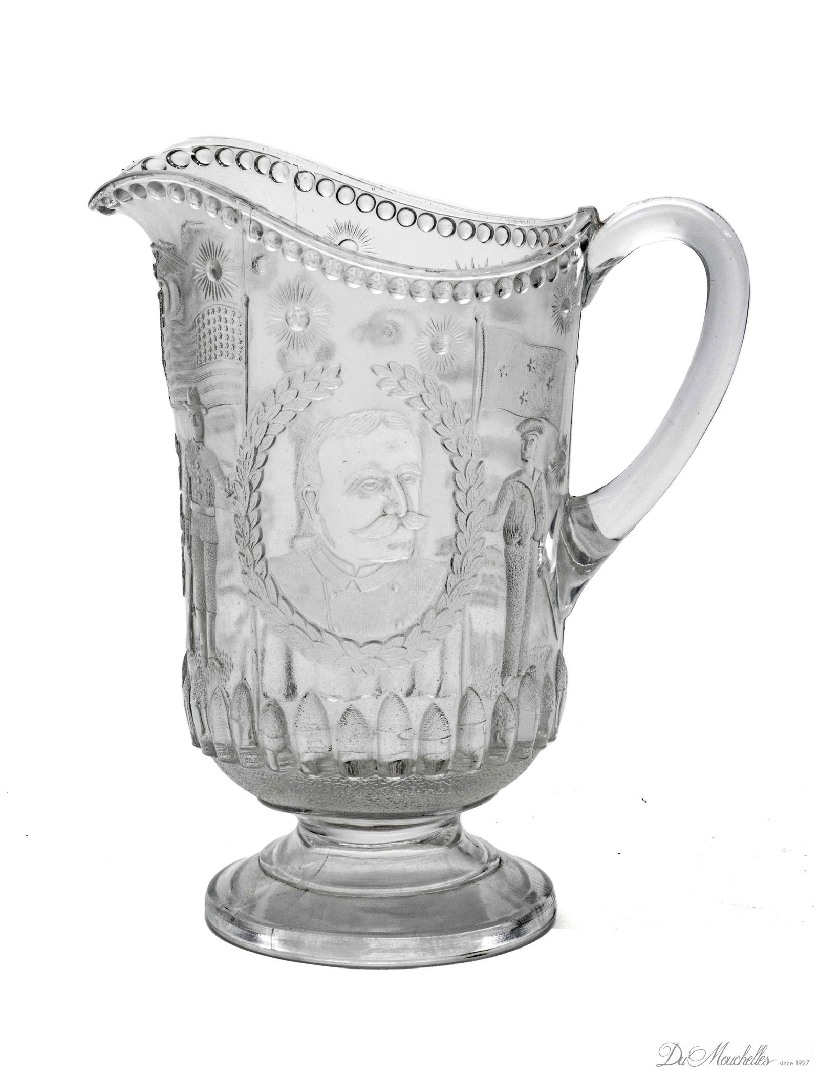 BEATTY-BRADY GLASS CO. BATTLE OF MANILA BAY COMMEMORATIVE PRESSED GLASS PITCHER, C. 1900, H 9", W 7" (1 of 3)