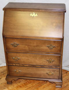 GOVERNOR WINTHROP DESK, H 38", L 27", D 15": GOVERNOR WINTHROP DESK, H 38", L 27", D 15":Featuring a slant front desk with three full length drawers. The slant front, which locks, opens to reveal three compartments that are flanked on each