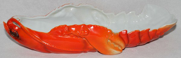 ROYAL BAYREUTH LOBSTER PORCELAIN DISH, C 1900: ROYAL BAYREUTH LOBSTER PORCELAIN DISH, C 1900, W 4 1/2", L 12 1/4":Marked blue, With lobster beanie baby.