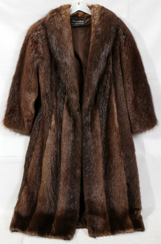 REVILLON BEAVER FUR COAT, 50" SHOULDER TO HEM: REVILLON BEAVER FUR COAT, 50" FROM SHOULDER TO HEM:Label and monogram on the liner.