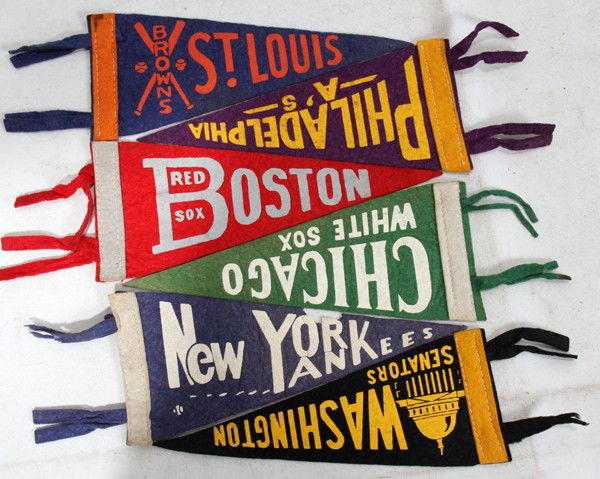 MINIATURE FELT BASEBALL PENNANTS, C. 1950, SIX: MINIATURE FELT BASEBALL PENNANTS, C. 1950, SIX, L 12":includes Boston Red Sox, Chicago White Sox, New York Yankees, Philadelphia A's, St. Louis Browns and Washington Senators;