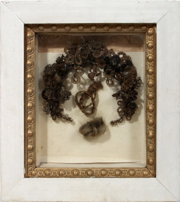 VICTORIAN WOVEN HAIR MOURNING WREATH, 19TH C, : VICTORIAN WOVEN HAIR MOURNING WREATH, 19TH CENTURY, 8" X 9":wreath made of human hair mounted under glass in a gilt and white painted shadow box frame;