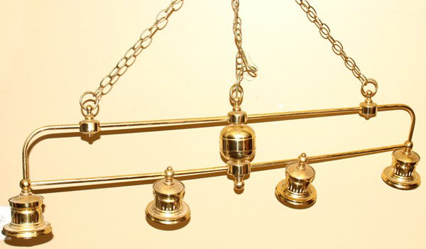 HANGING BRASS LIGHT FIXTURES TWO, H 18", L 53",: HANGING BRASS LIGHT FIXTURES TWO, H 18", L 53", 24":two fixtures of tubular brass design with one having two lights, 18" H. x 42" L. and the second of similar design, 18" H. x 53" L., with four lights