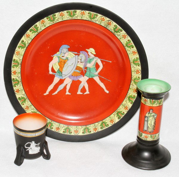 ROYAL BAYREUTH ROMAN TOOTHPICK HOLDER, PLATE: ROYAL BAYREUTH ROMAN PORCELAIN TOOTHPICK HOLDER, PLATE & CANDLESTICK, C. 1900, THREE:Candlestick H 5 1/4", bottom diam 3 1/4", marked blue. Plate Diam 9 5/8", marked blue. Toothpick holder W 2 1/4", H