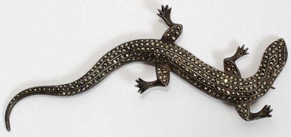 STERLING SILVER & MARCASITE LIZARD BROOCH, : STERLING SILVER & MARCASITE LIZARD FORM BROOCH, L 5 1/2":Sterling Silver lizard set with marcasite.