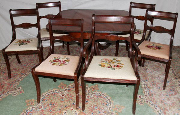 DUNCAN PHYFE STYLE MAHOGANY TABLE & CHAIRS (6): DUNCAN PHYFE STYLE MAHOGANY DROP LEAF TABLE & CHAIRS (6):Drop leaf table, H. 27 1/2" x 24", has a rectangular top with two hinged drop leaves, each 11" wide together with 5 side chairs and 1 arm chair