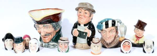 DOULTON JUGS:FALCONER, DICK TURPIN & SAM WELLER: DOULTON JUGS: FALCONER, DICK TURPIN & SAM WELLER, PLUS THIMBLE CHARACTERS (8), 12 PIECES TOTAL:The Falconer D6547 @ 2 7/8" ; Dick Turpin old "A" mark 3 1/3" and Sam Weller Bust #8319 @ 2". Reverend Ca