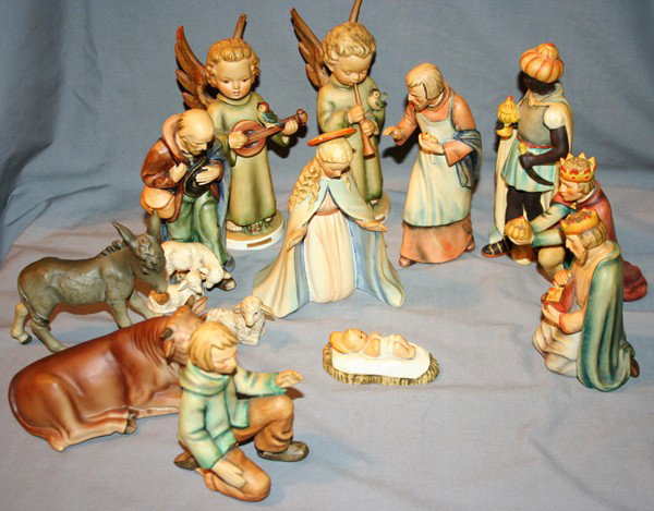 HUMMEL PORCELAIN NATIVITY FIGURES, C. 1964-72: HUMMEL PORCELAIN NATIVITY FIGURES, C. 1964-72, THIRTEEN:Madonna 6 1/4", St Joseph, three wise men, shepherd, farmer with two sheep, baby, donkey, cow, two angels including "Festival Harmony at 8". Wes