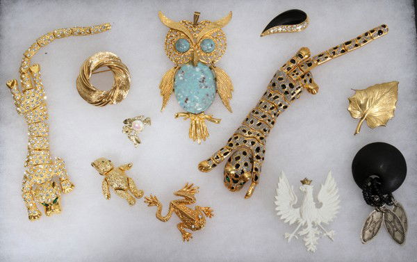 VARIOUS PINS & PENDANTS, INCLUDING TRIFARI, 11: VARIOUS PINS & PENDANTS, INCLUDING TRIFARI, 11 PCS.:Onyx pin. Leaf, bird and bear pins.